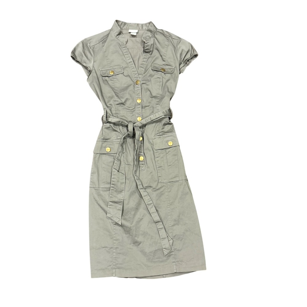 Gorpcore Safari Utility H&M Grey Green Belted Cap Sleeve Button Front Dress 6